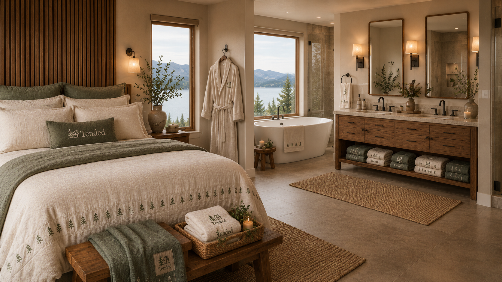 Tended-styled lakeside suite: branded linens with embroidered pine trees, layered green pillows, a freestanding tub with mountain and lake view, and a custom wood vanity stocked with branded towels.