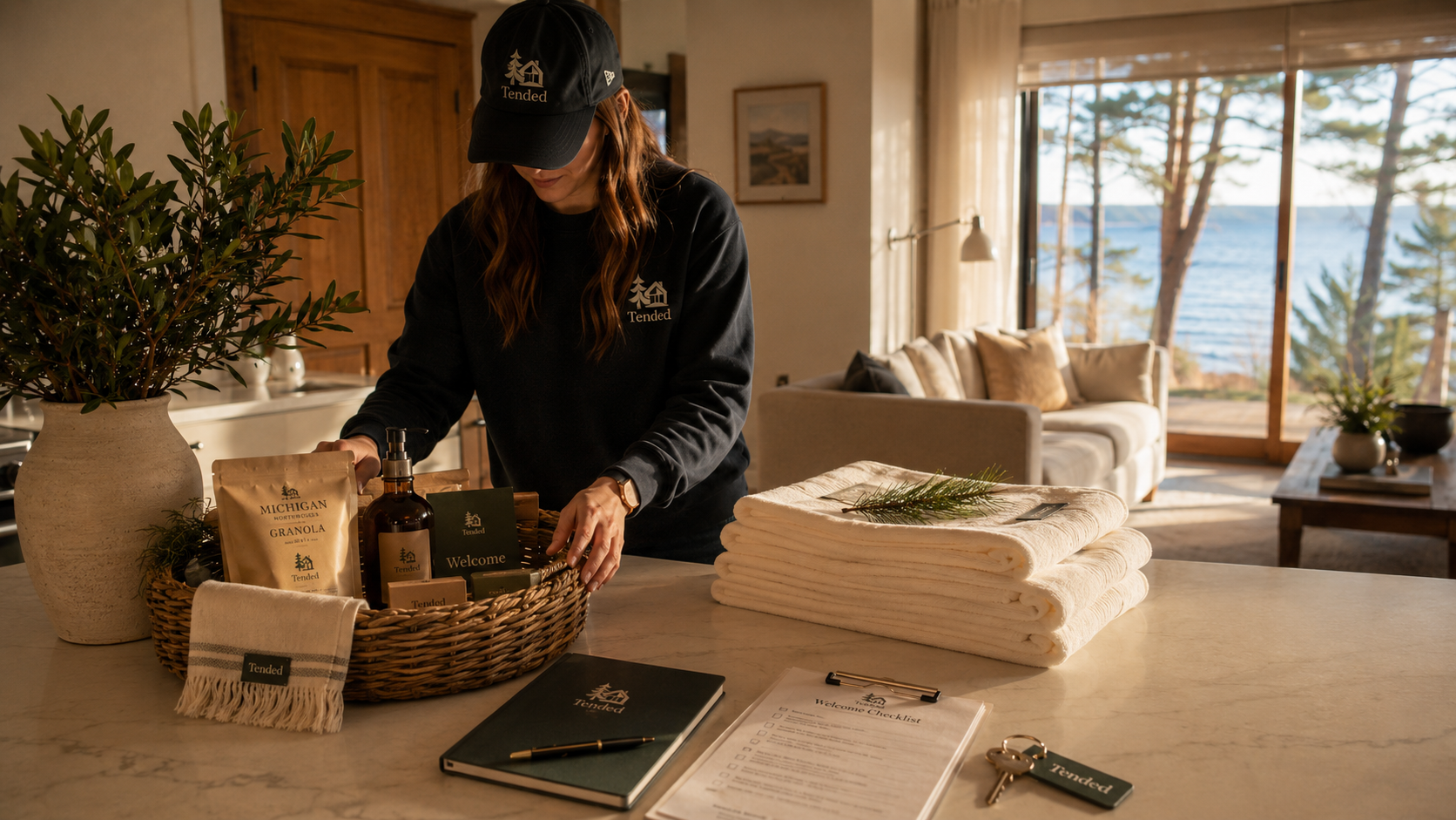 Tended team member preparing a welcome basket and fresh linens inside a Northern Michigan lake home.