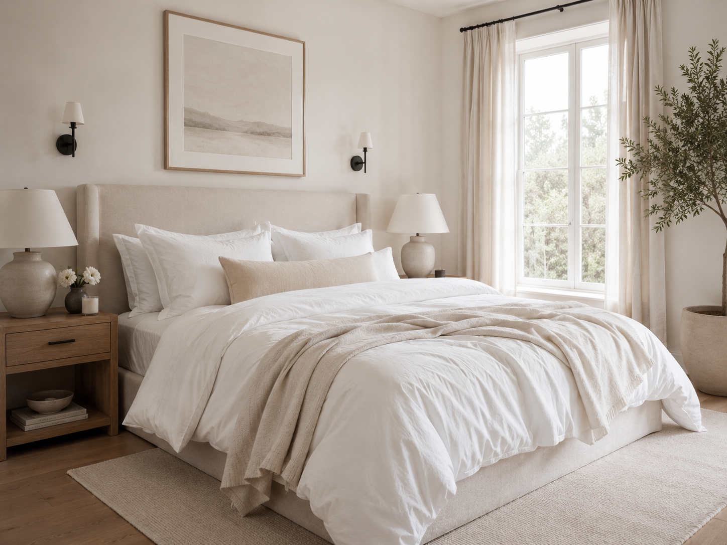 A serene bedroom with crisp, hotel-quality white linens and soft neutral styling.