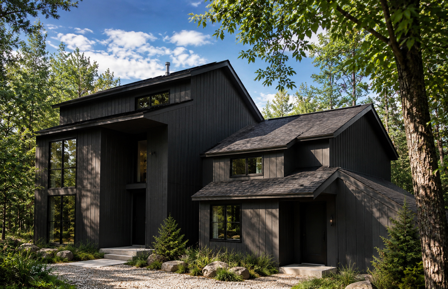 A modern black-clad Northern Michigan home set among the hardwoods.