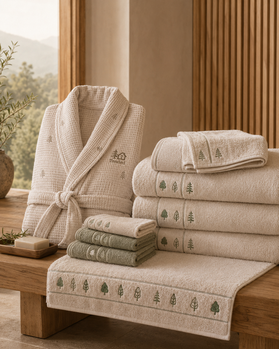 Tended waffle robe and embroidered towels in soft daylight.