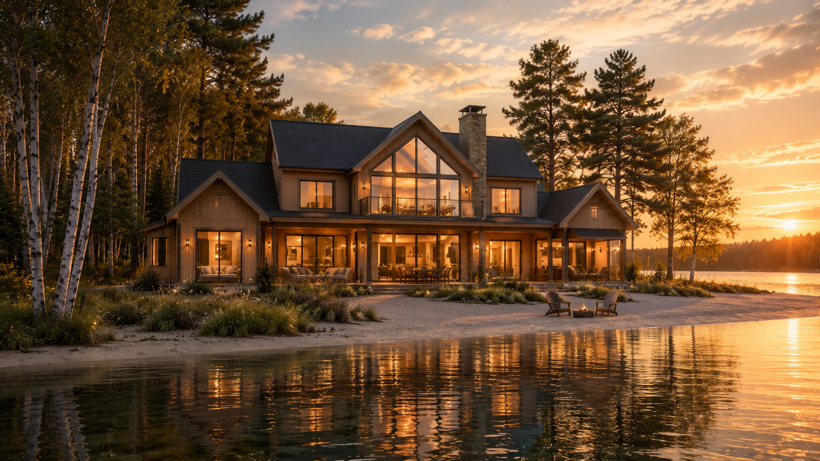 Lakeside timber home at sunset on a Northern Michigan shore.